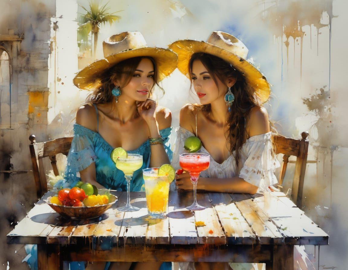 Festive Mexican Women Enjoying Margaritas in Watercolor