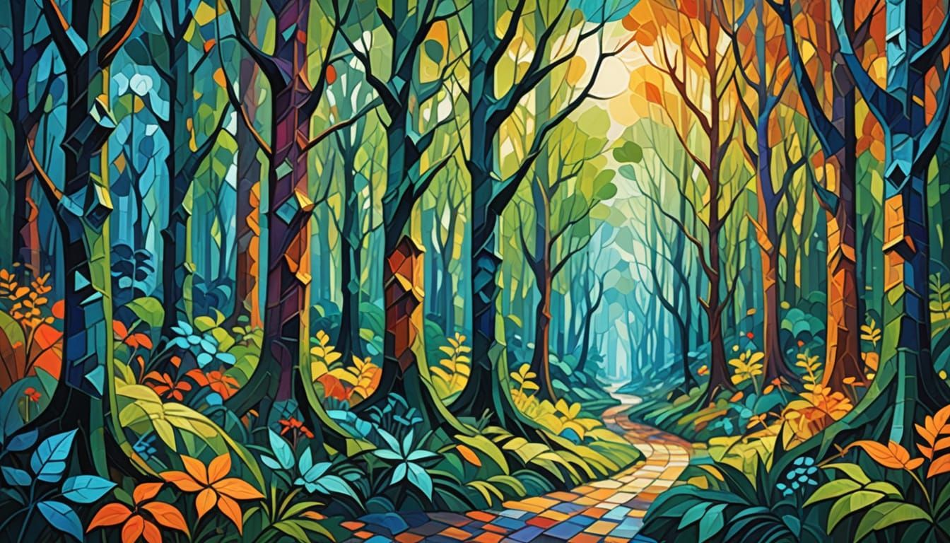 Magical Forest in Cubist Impasto Style