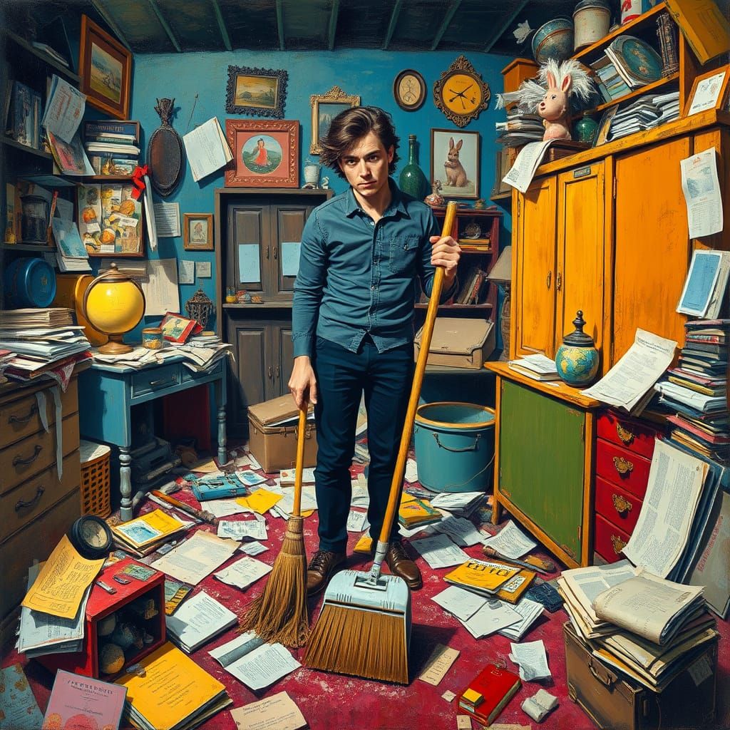 Expressionist Cleaning Scene with Vivid Colors