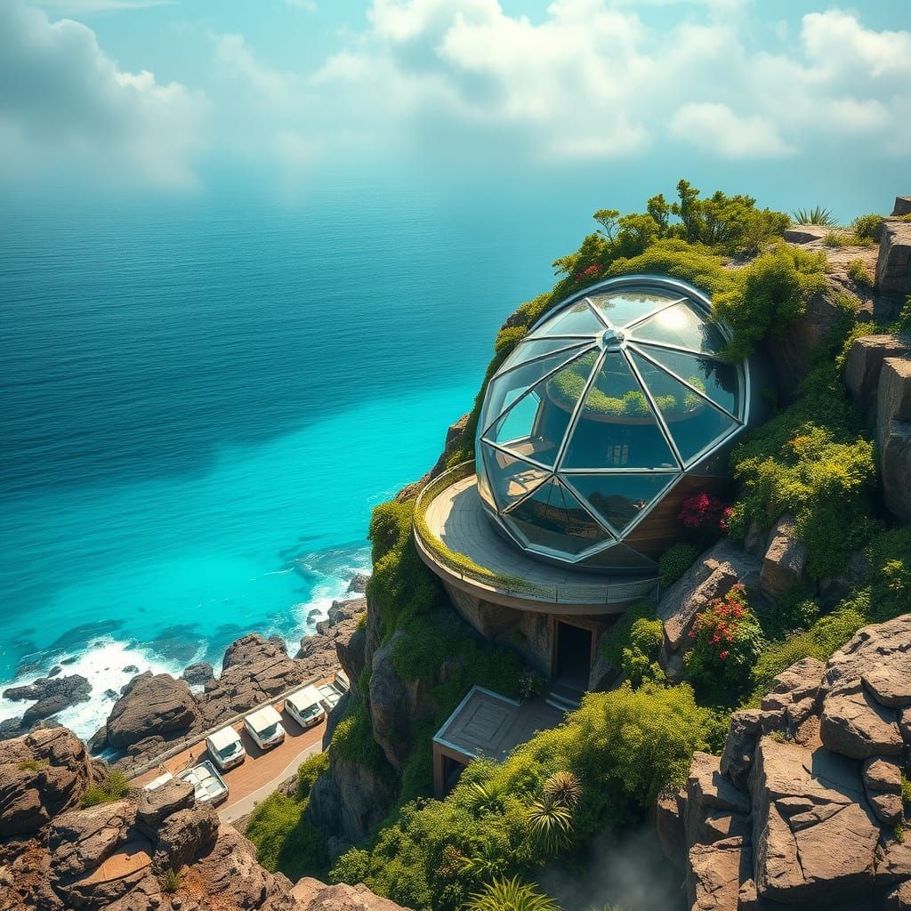 Futuristic Cliffside Home with Geodesic Dome