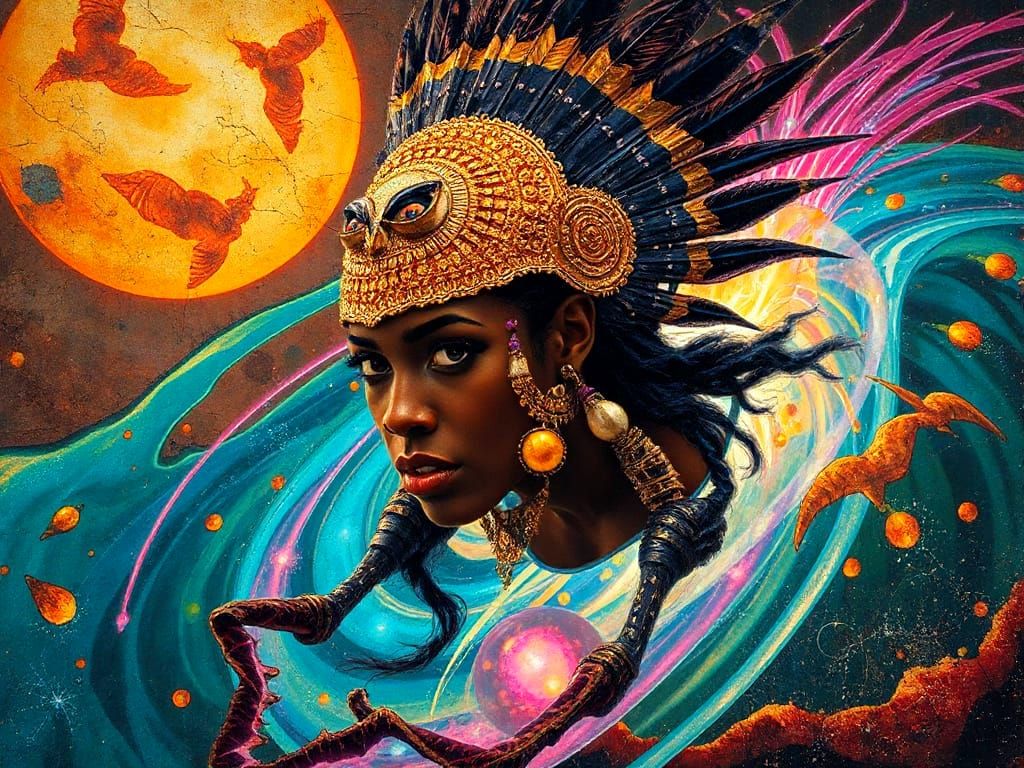 Gilded African Witch Speeding Through Light Vortexes