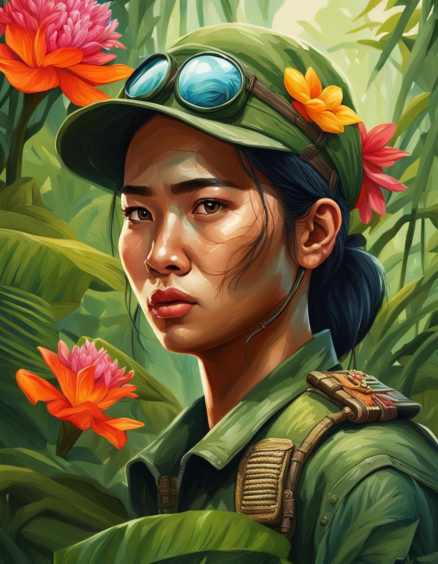 Vietcong Woman Portrait in Hyperrealistic Splash Art