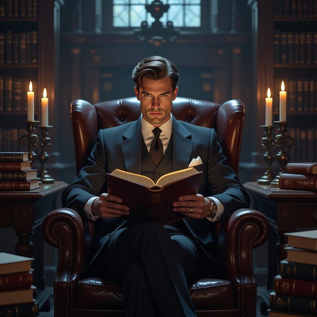 Vintage Library Scene in Retro-Futuristic Style