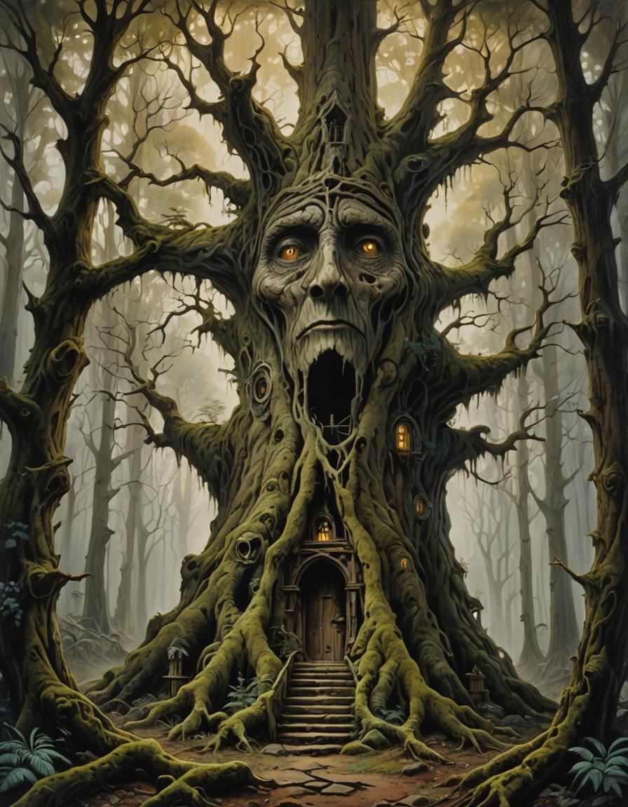 Eerie Tree Cabin in Dark Forest, Impressionistic Oil Paintin...