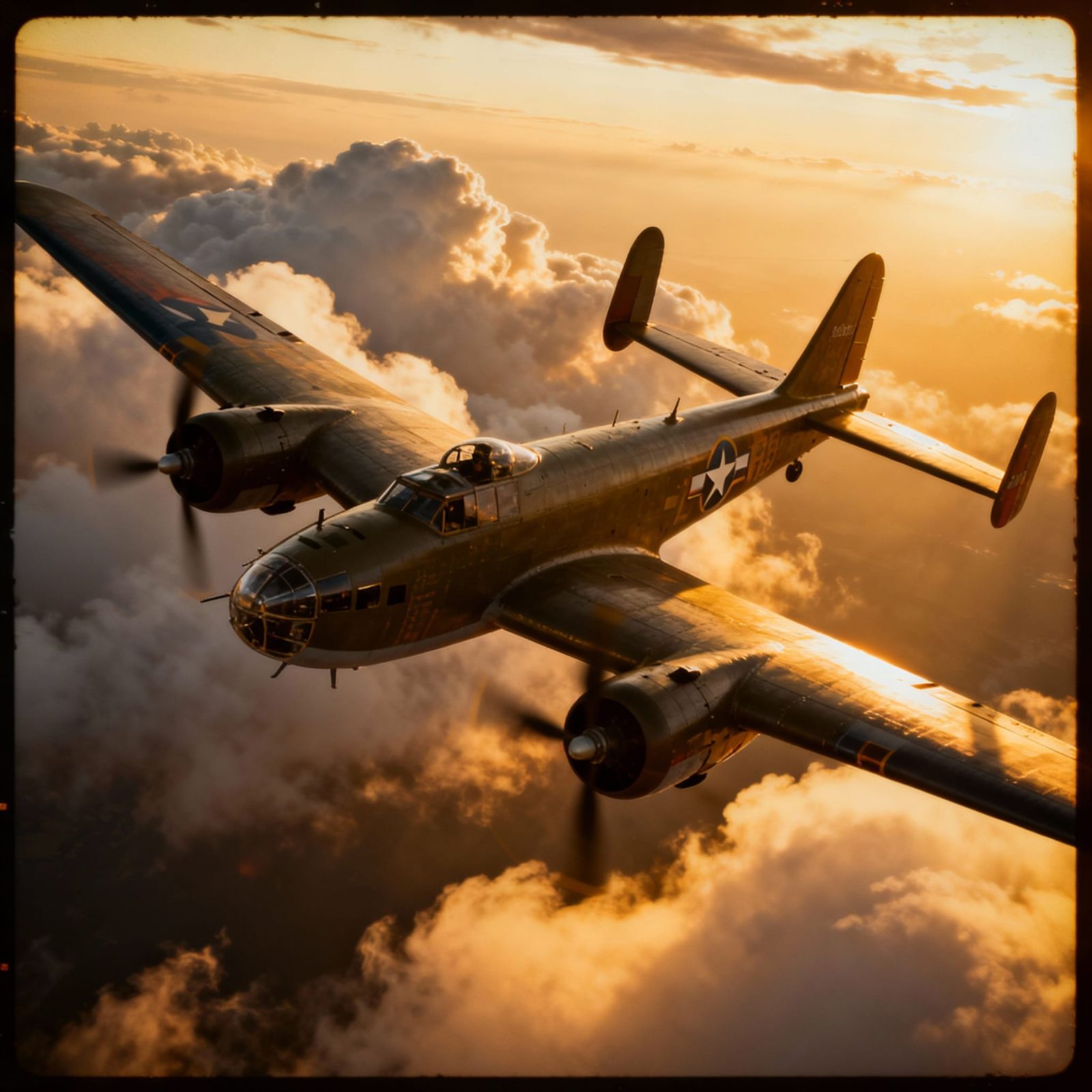 WWII Bomber in Atmospheric Golden Hour Clouds