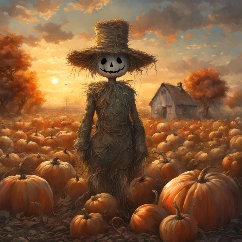Sunrise Scarecrow in Pumpkin Patch Painting