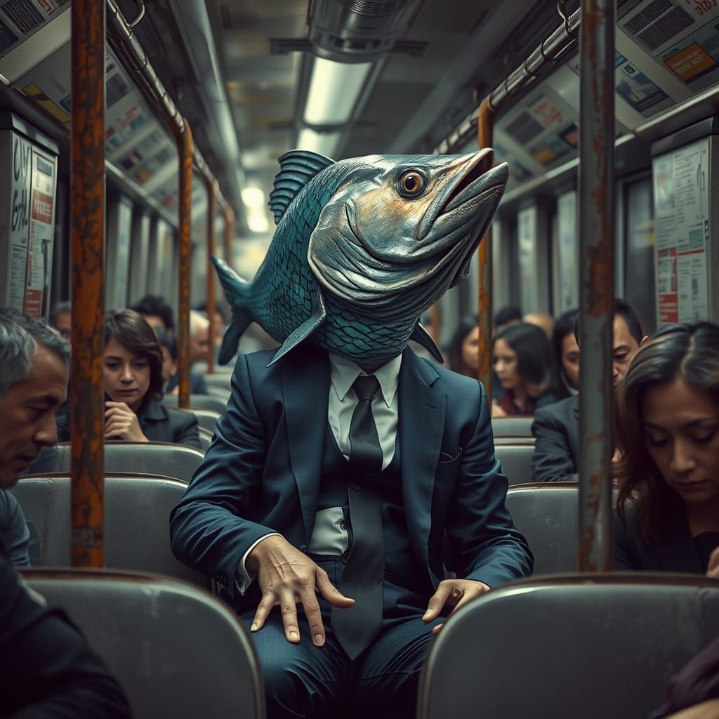 Fish-Human Hybrid Amidst Subway Commuters in Gritty, Photore...