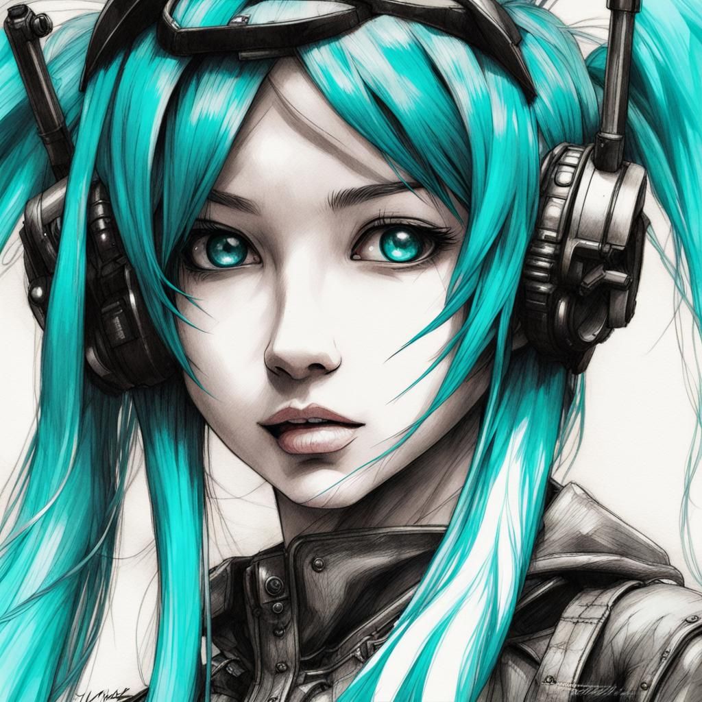 Hatsune Miku Close-Up in Colored Pencil Style