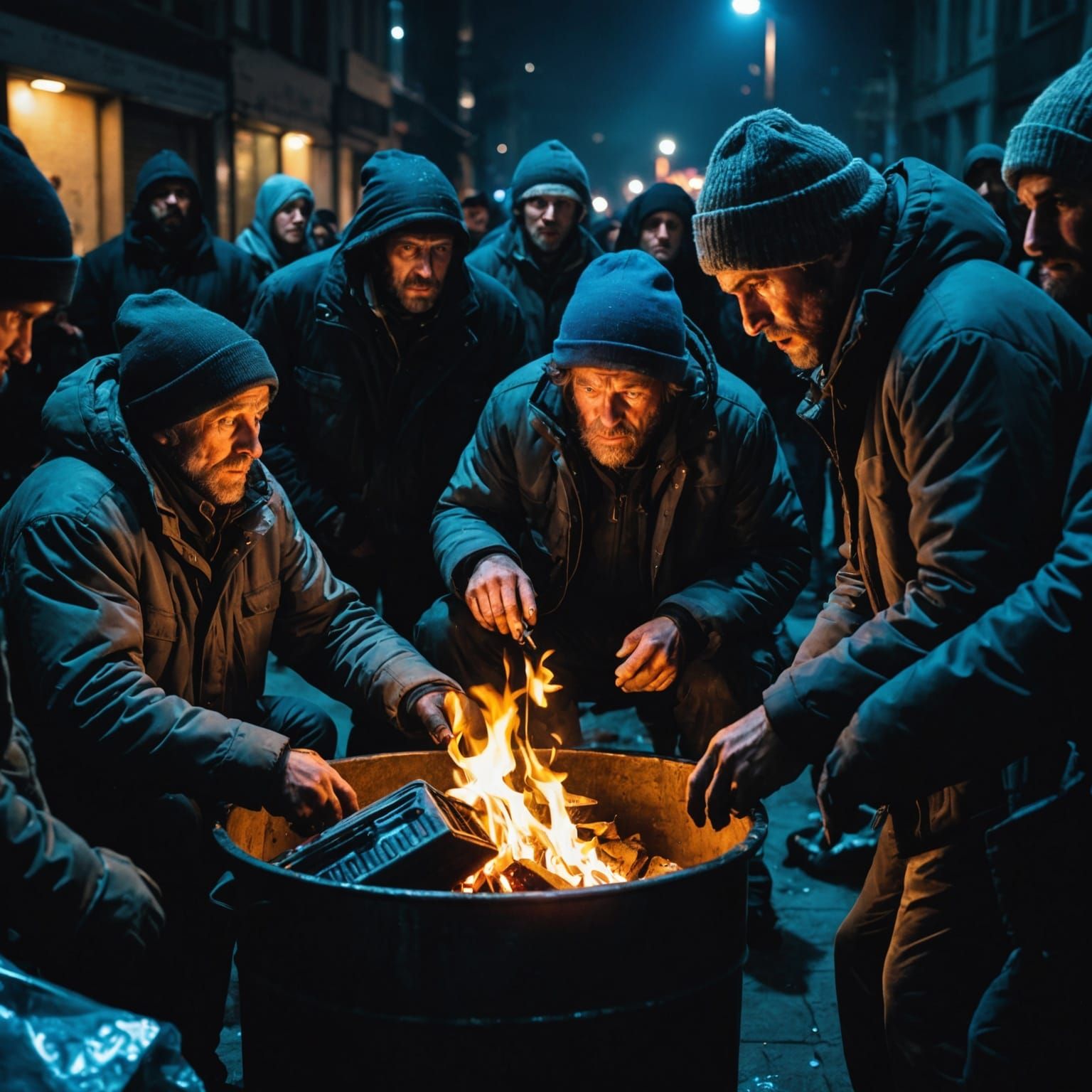 Homeless Men Gather Around Trash Can Fire