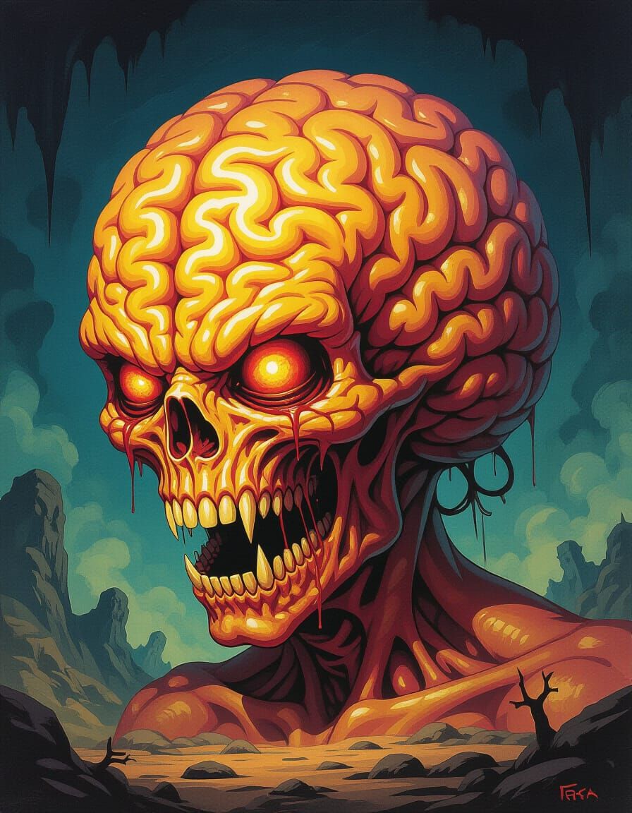Grotesque Alien Brain Monster in Primitivism Style