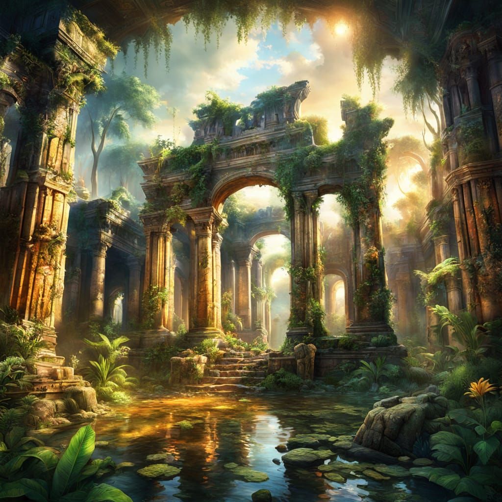 Flooded Temple Ruins in Vibrant Oil Painting Style