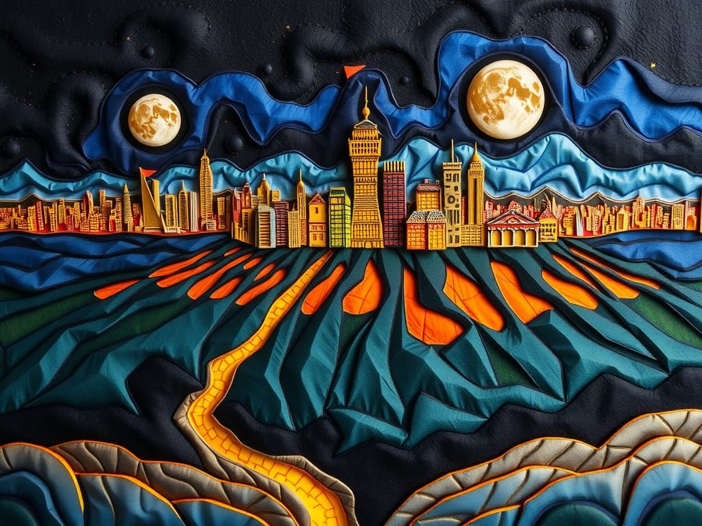 Embossed Metropolis on a Hill in Vivid Colors