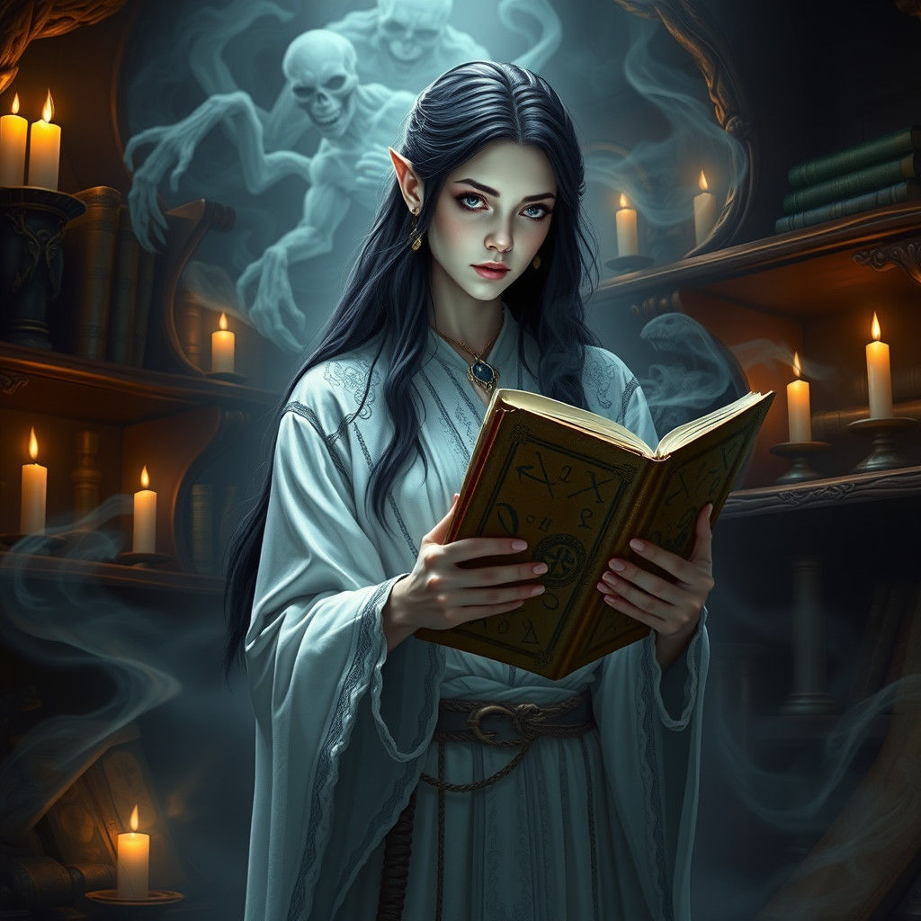 High Elf Wizard Opens Ancient Tome in Dark Fantasy Style