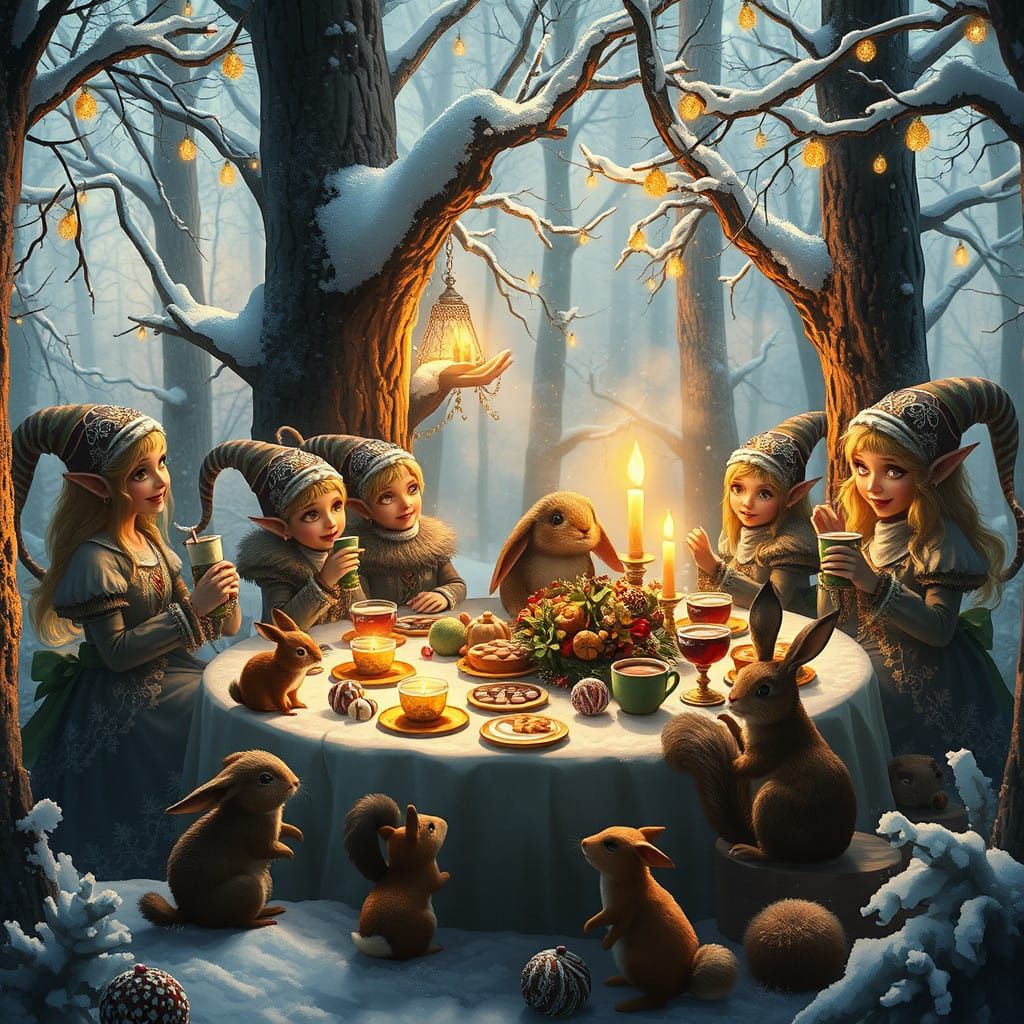 Whimsical Winter Wonderland Scene with Elves and Furry Frien...