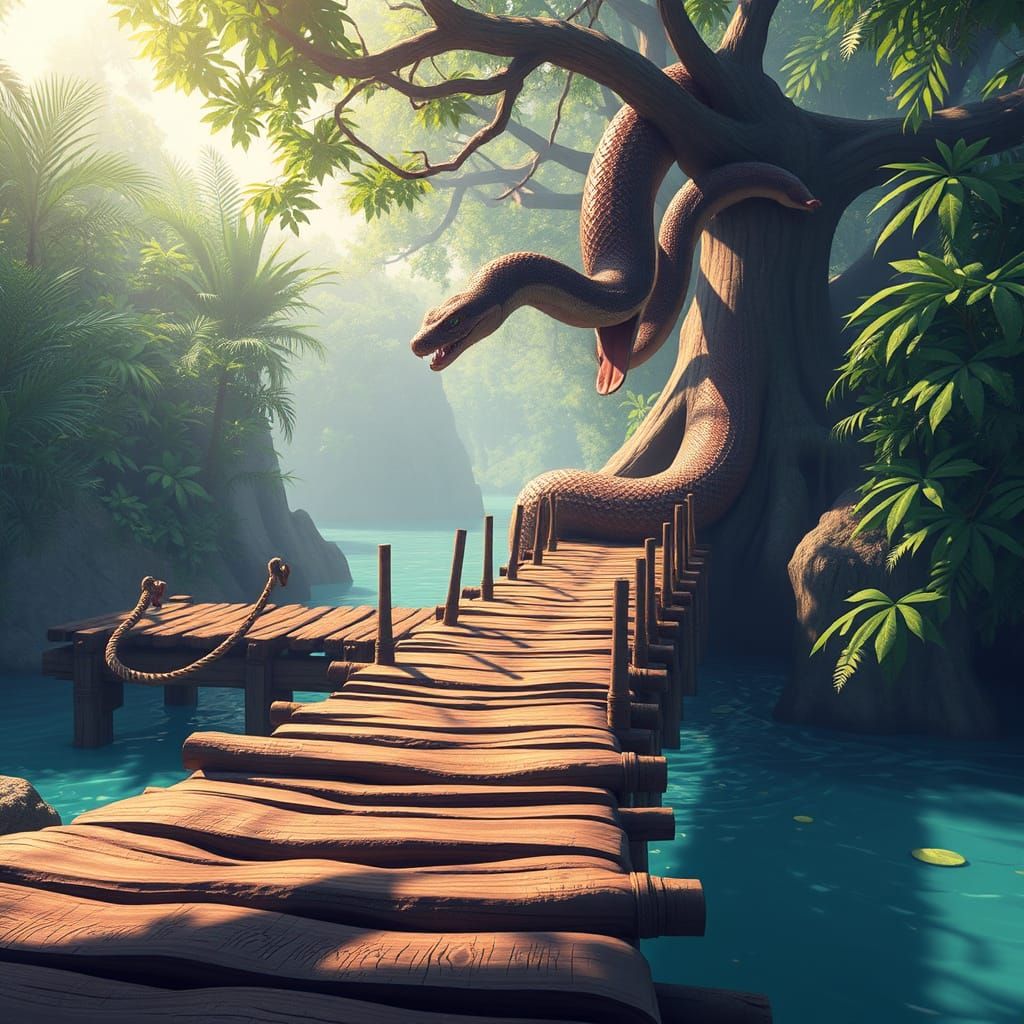 Amazonian Ancient Wooden Bridge in Lush Jungle