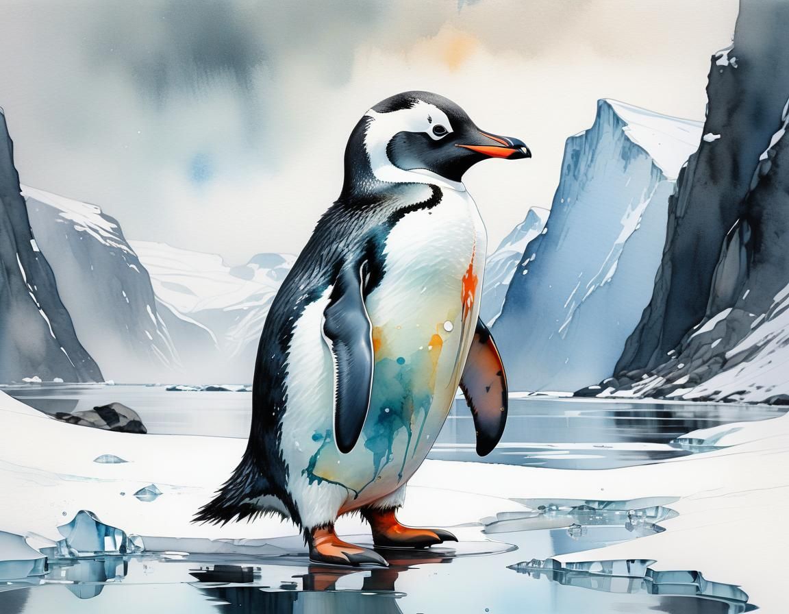 Penguin in Frozen Fjords: Watercolor Oil Painting