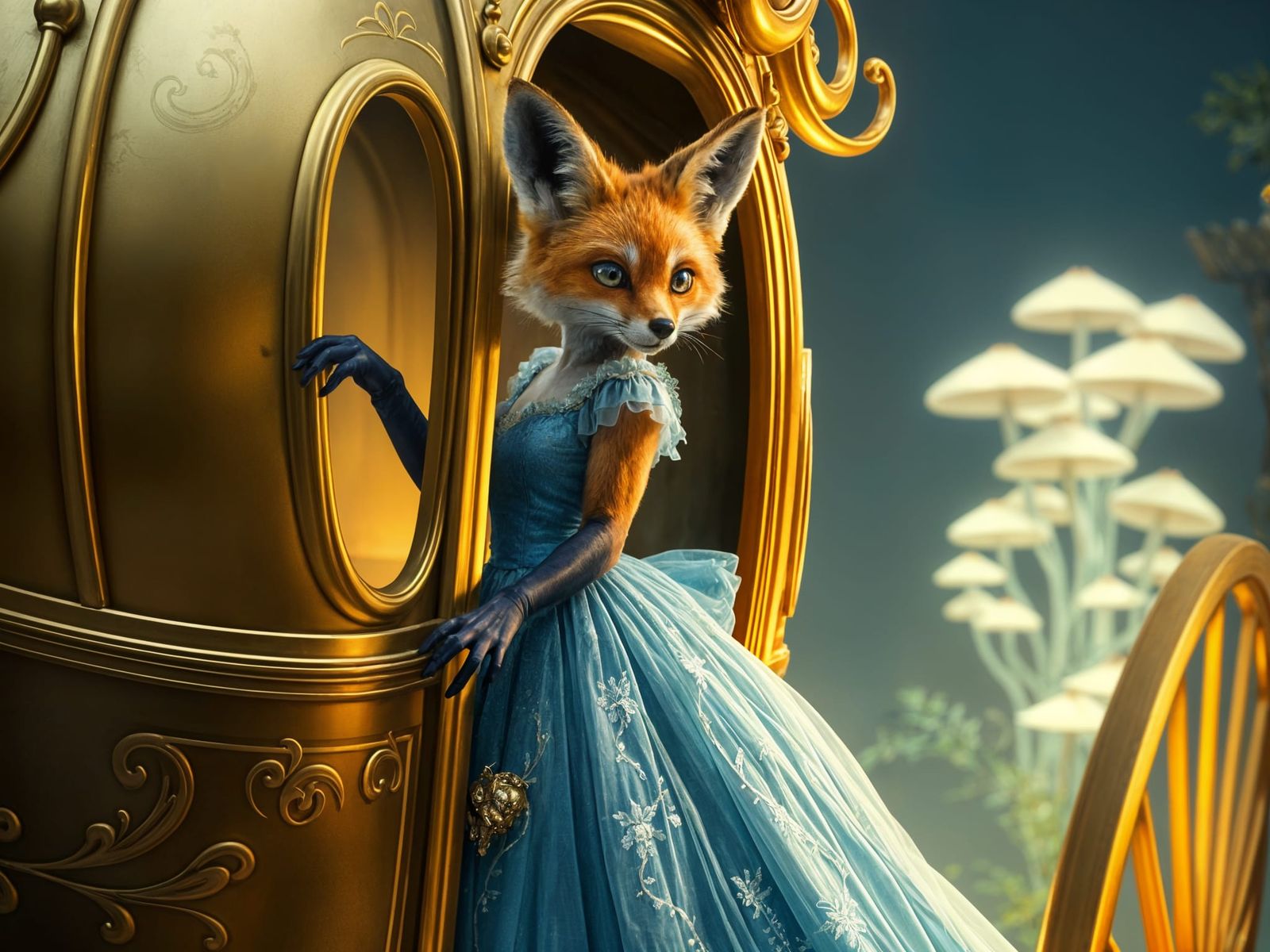 Majestic Fox in Cinderella Blue Gown Amidst Golden Carriage