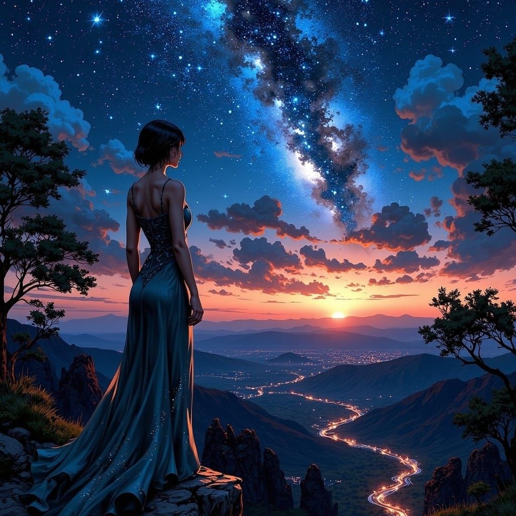 Woman Gazing at Starry Night Sky at Sunset