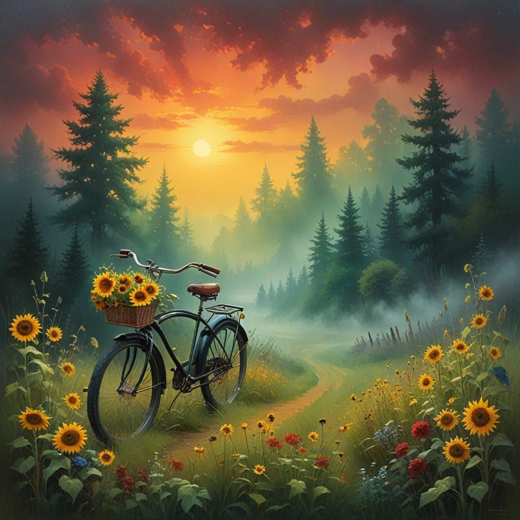 Whimsical Bicycle Scene in a Foggy Nighttime Landscape