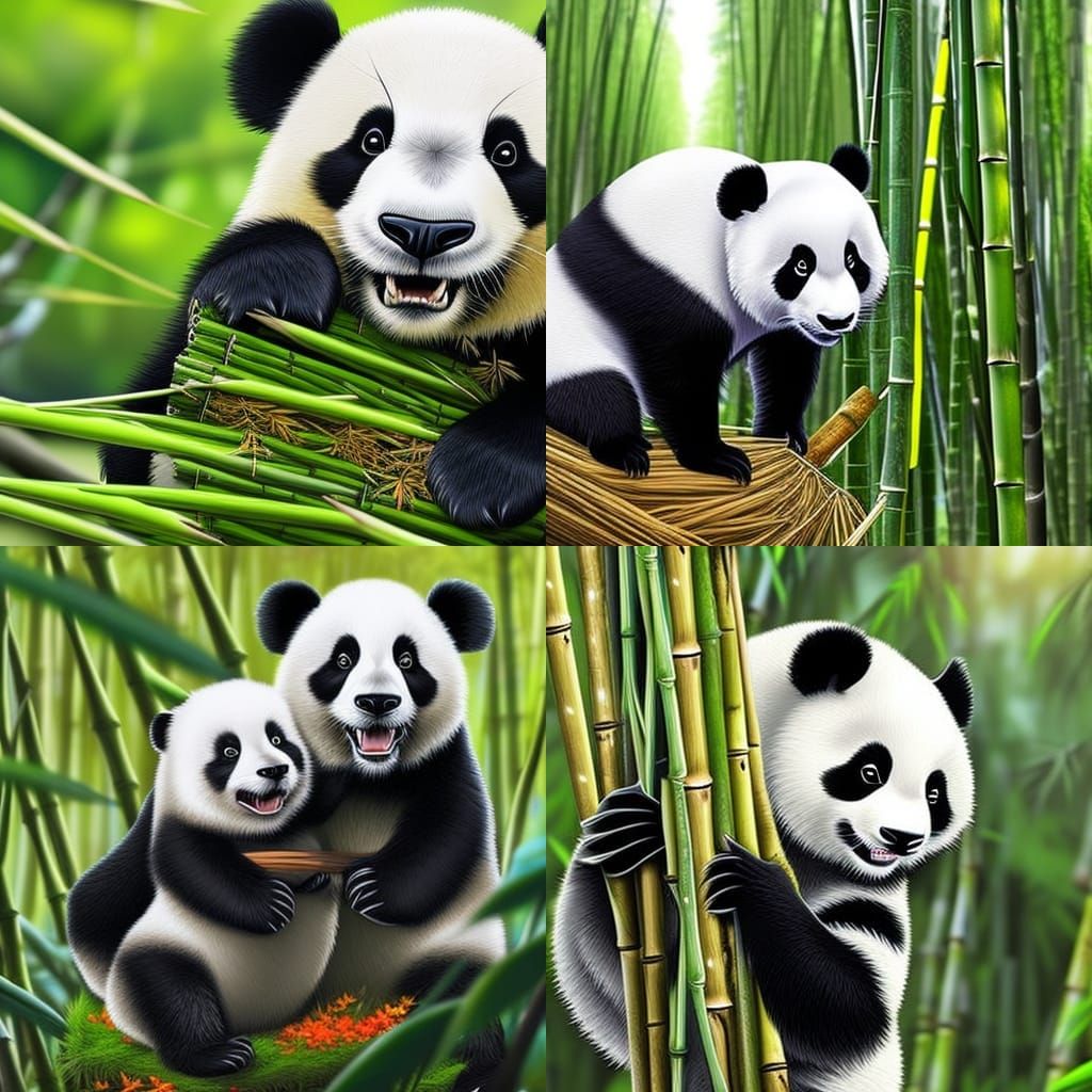 Panda Mother and Cub in Hyperreal Bamboo Forest