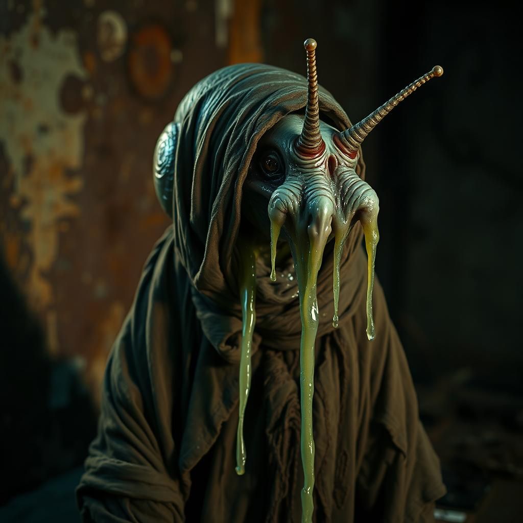 Grotesque Snail-Human Hybrid in Retro Horror Style