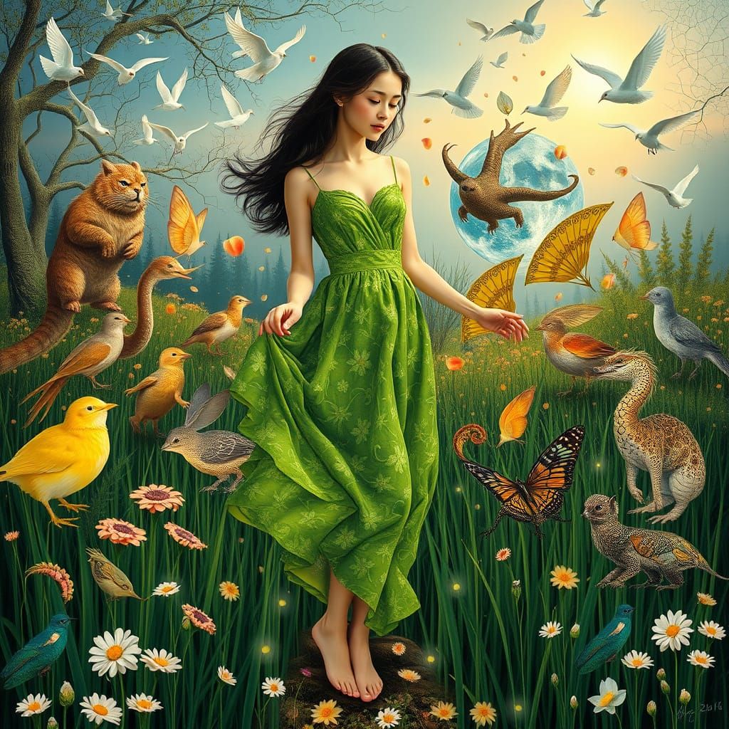 Surreal Girl in Flowering Grass, Golden Age Style