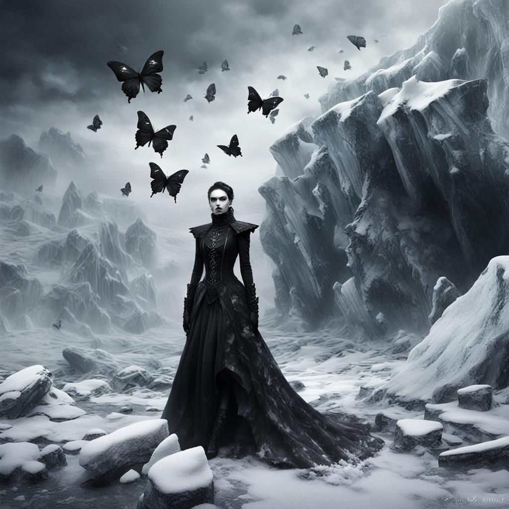 Gothic Model in Icy, Surreal Landscape