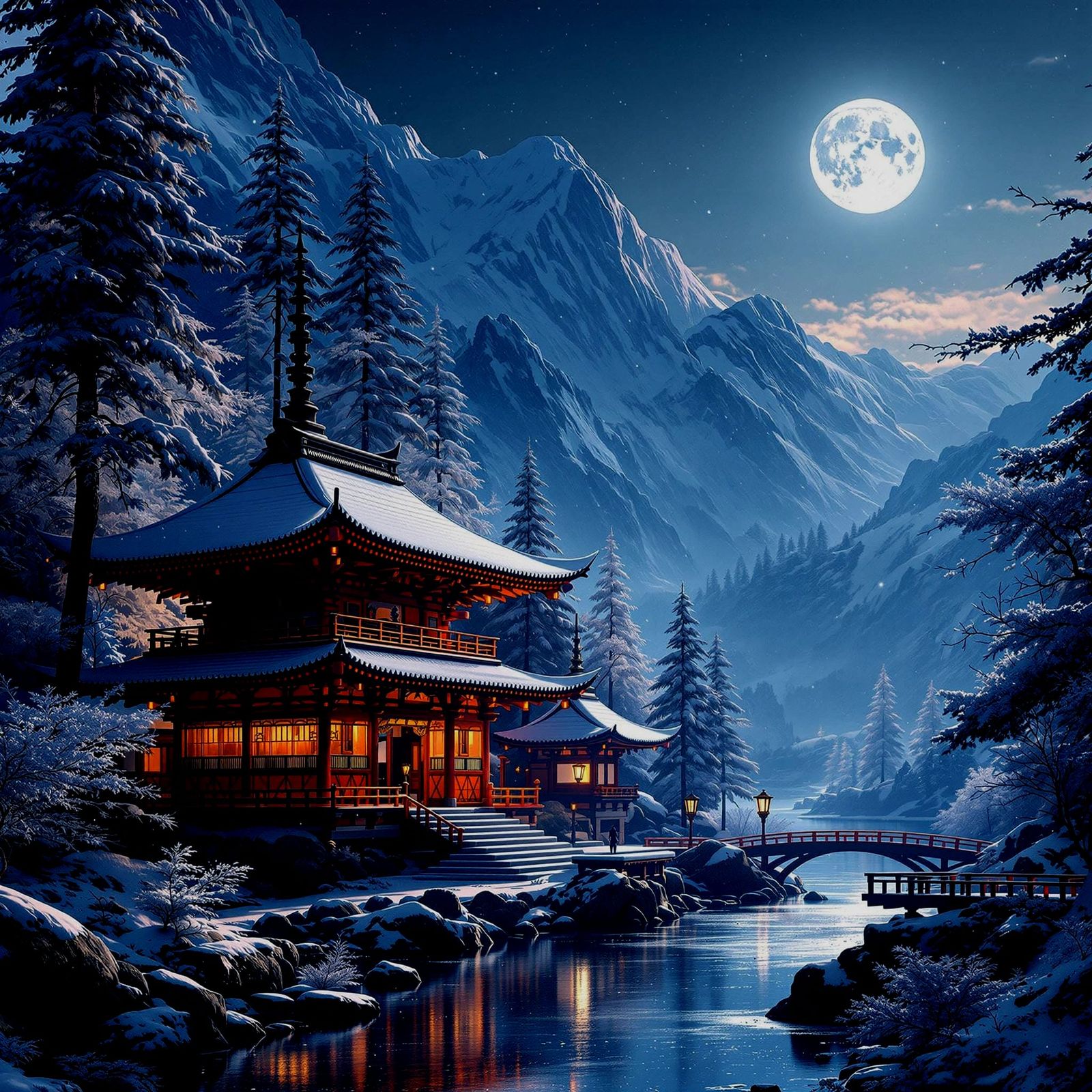 Snowy Shinto Temple in Japanese Mountain Valley