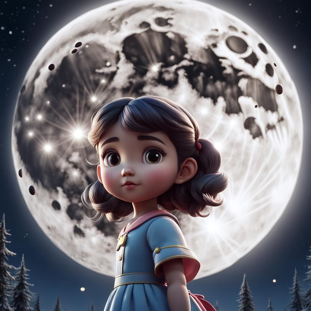 Cute Girl Lights Up Moon: CGI Fantasy Artwork