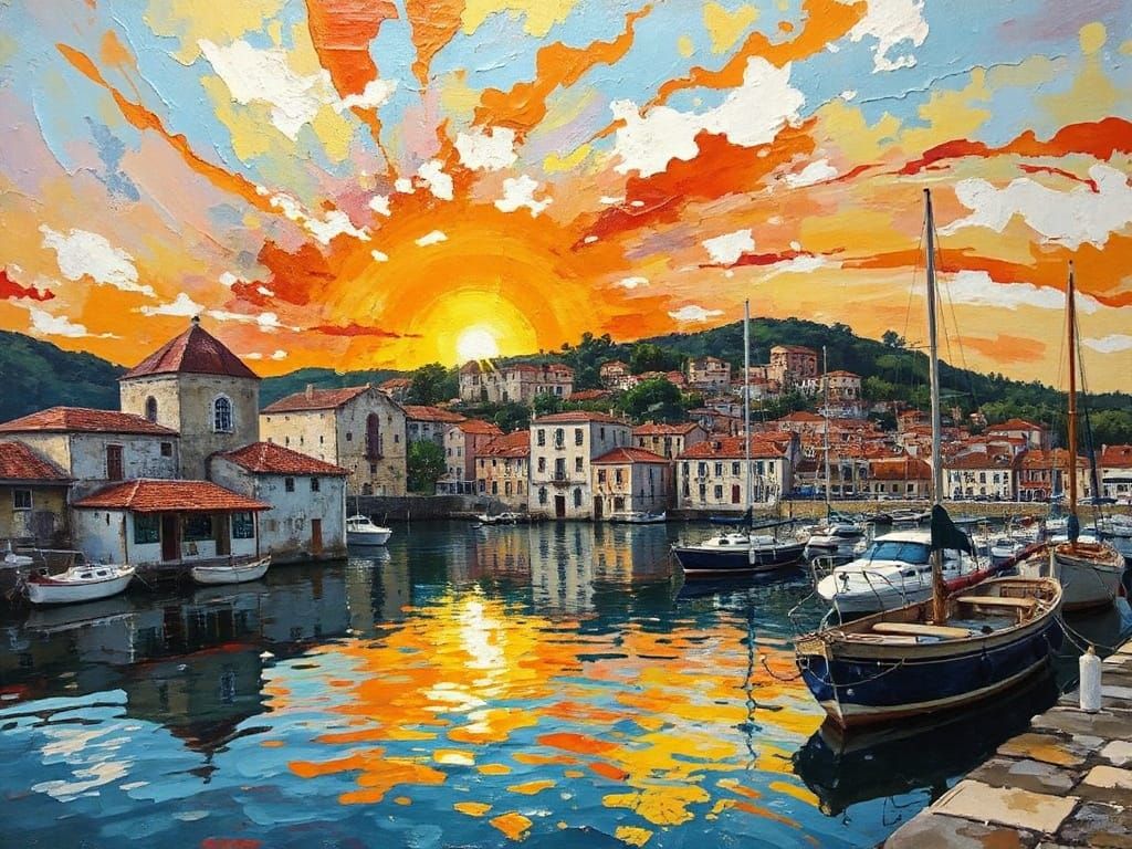 Corfu Harbor at Sunset in Mixed Media Style