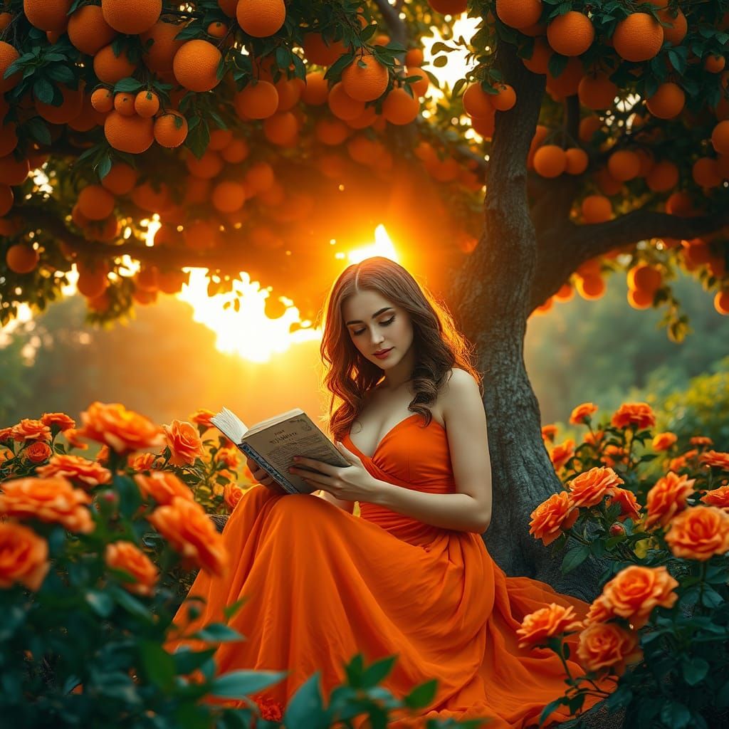 Woman in Orange Dress Reading Under Orange Tree