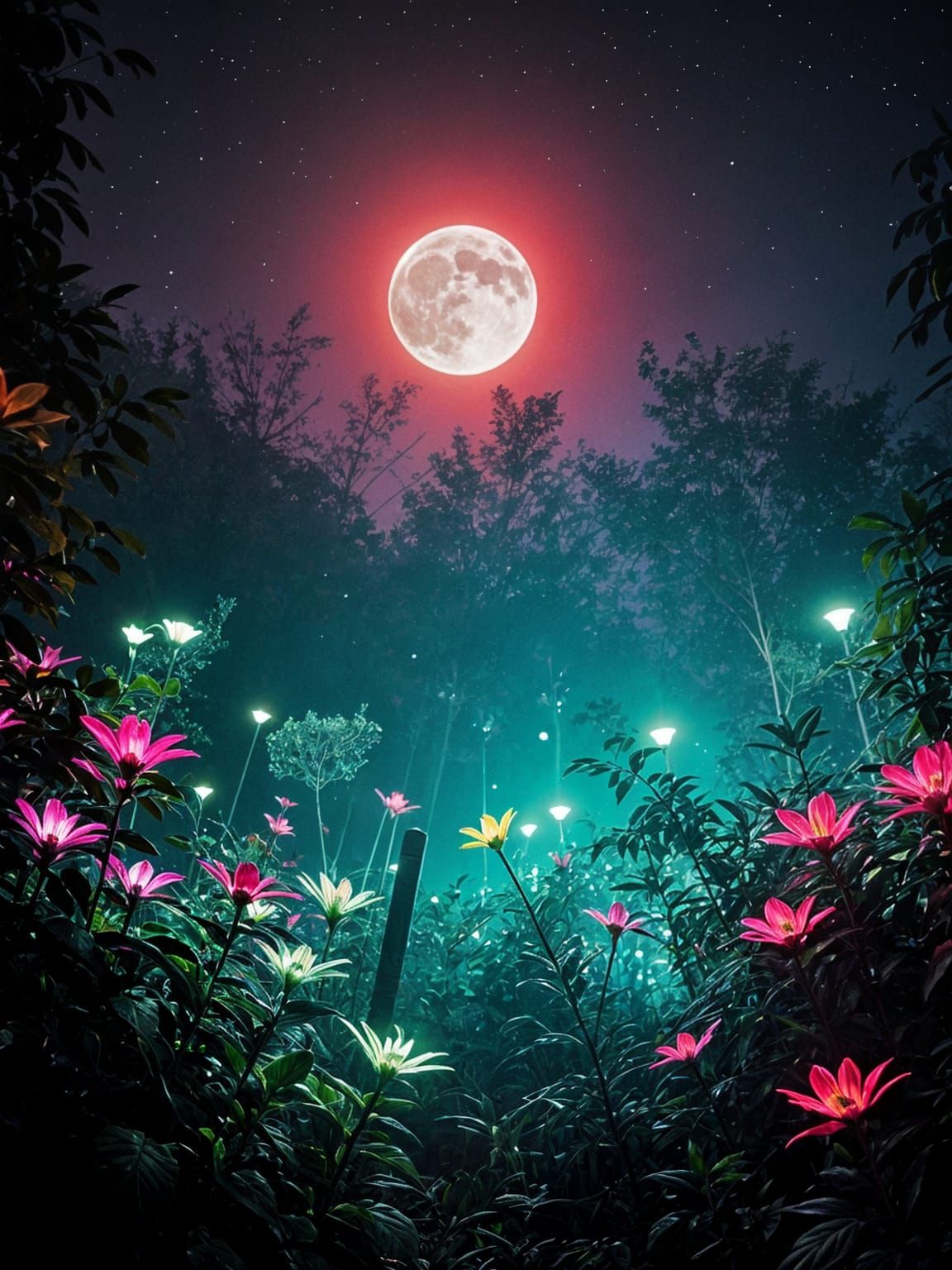 Neon Garden with Fluorescent Moon