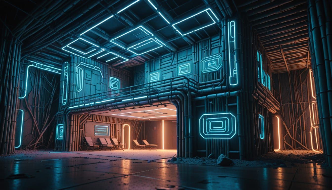 Futuristic Bamboo Bunker with Glowing Circuits