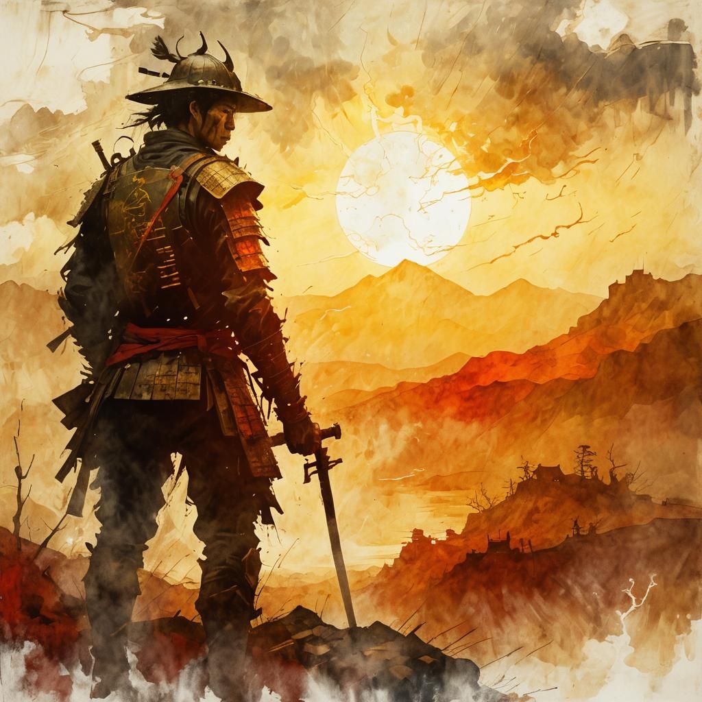 Samurai Warrior in Stormy Expressionist Landscape
