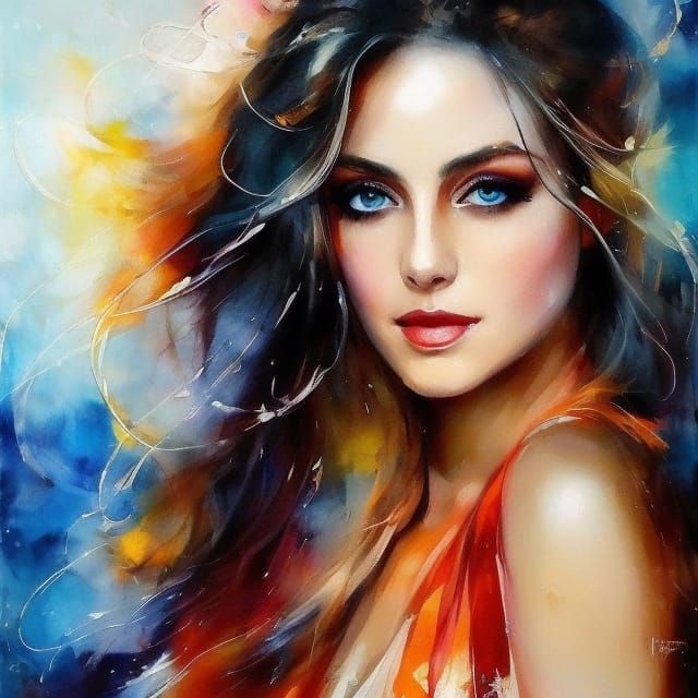 Woman in Flowing Dress with Ink and Acrylic Details