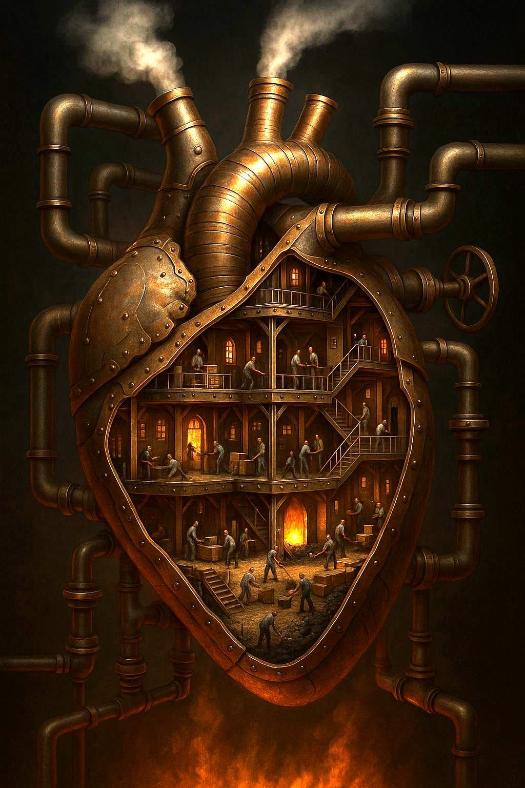 Steampunk Robot Heart Factory with Tiny Human Workers