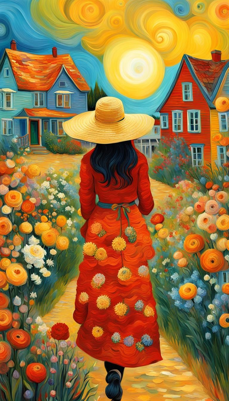 Navistic Woman with Flowers in Van Gogh Style