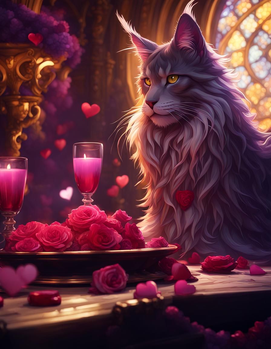 Valentine's Maine Coon in Dark Fantasy Style