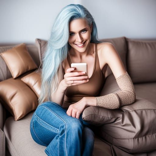 Blue-Haired Woman Smiling with Smartphone on Couch