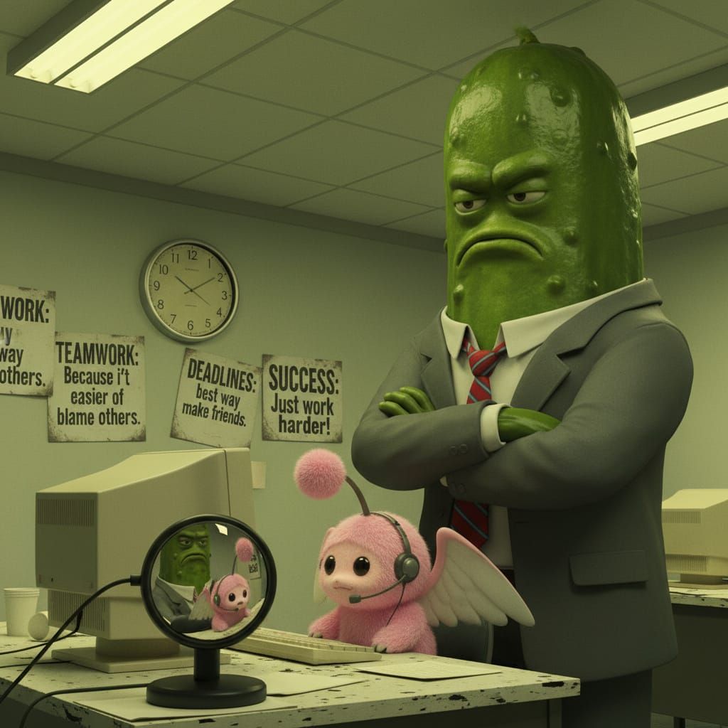 Anthropomorphic Pickle Overseeing Pink Moogle at Work