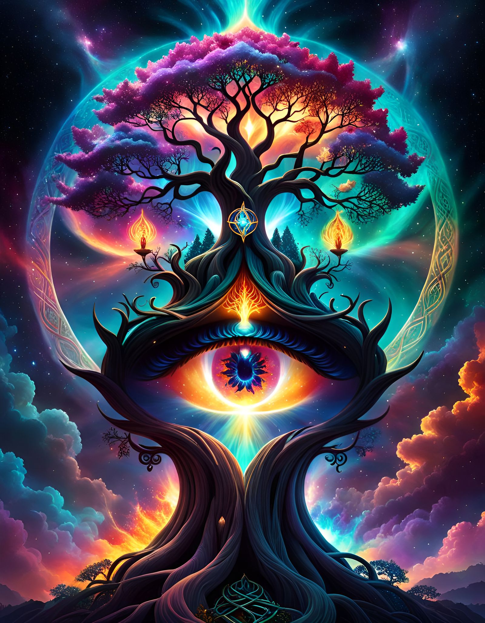 Fantasy Elf with Tree of Life Nebulae in 3D Animation