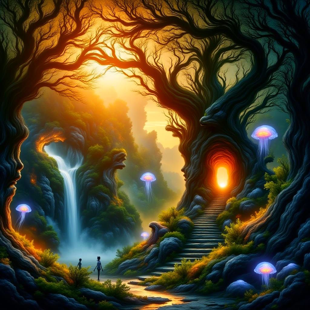 Ethereal Temple in Surreal, Bioluminescent Forest