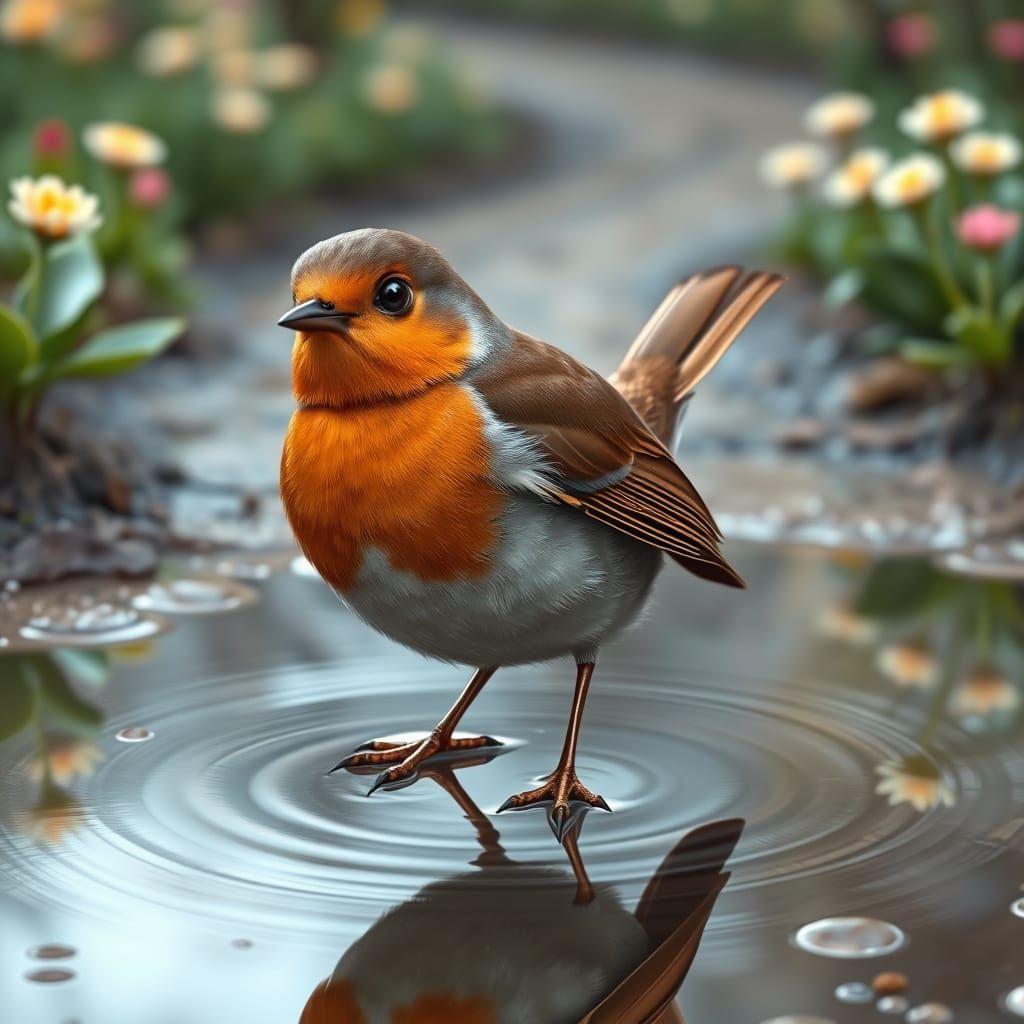 Whimsical Oil Painting of a Drenched Robin in a Puddle