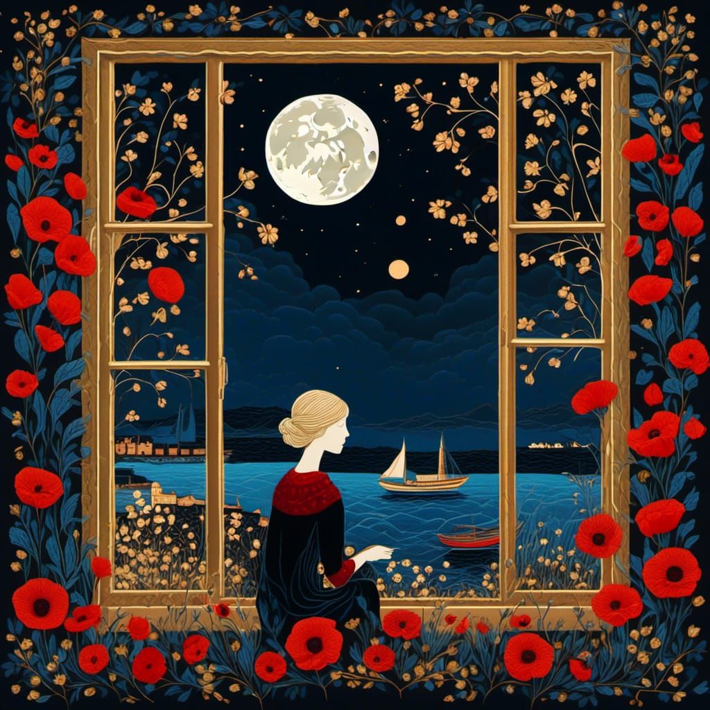 Miniature Palekh Woman Watching Boats at Window