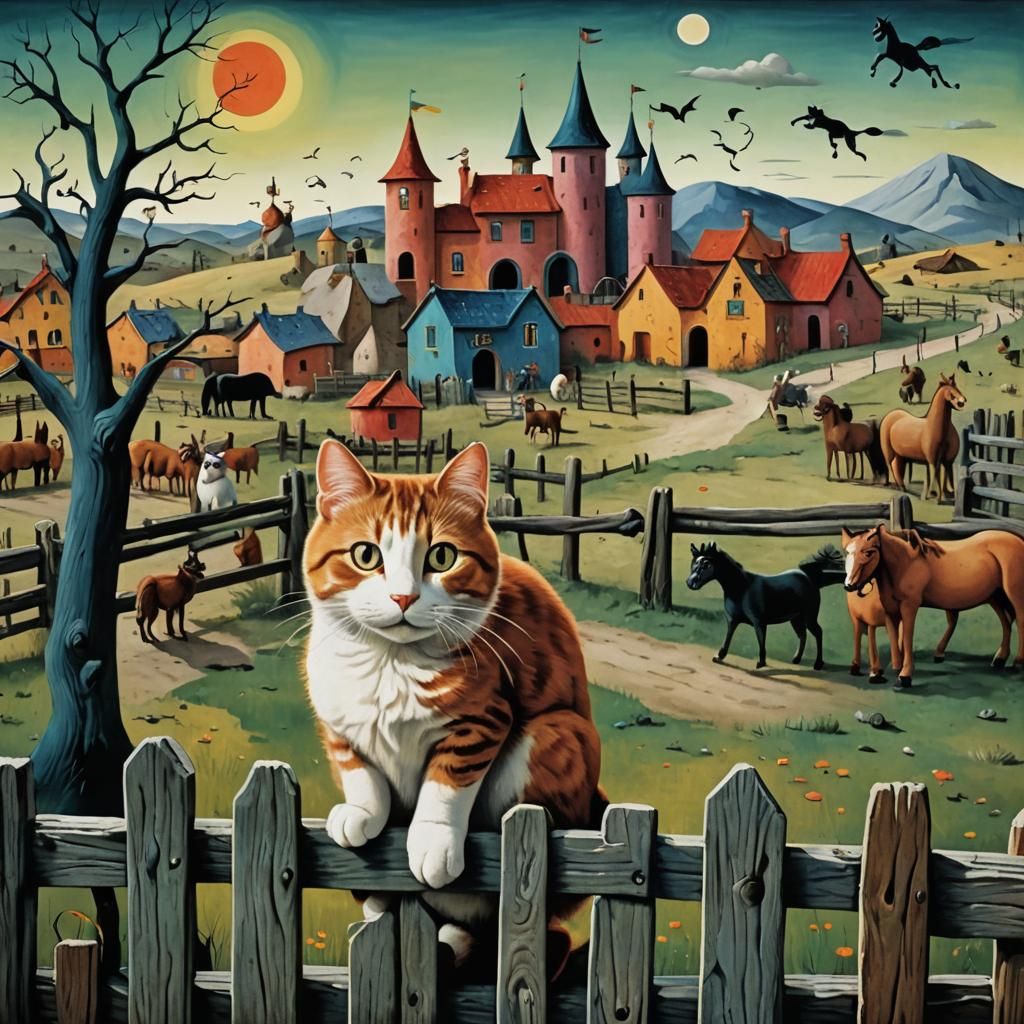 Surreal Cat Contemplates Horses and Tatars in Dreamscape