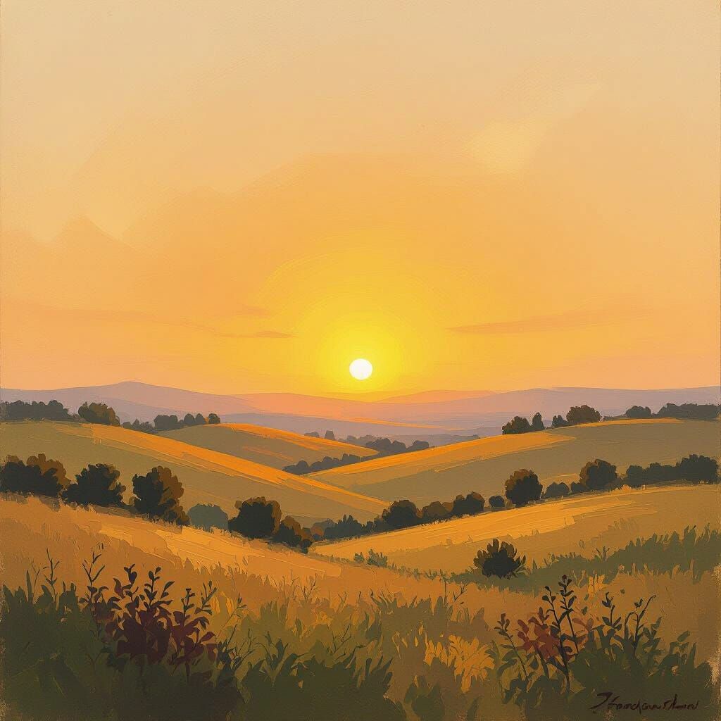 Golden Sunset over Gentle Hills, Impressionist Style