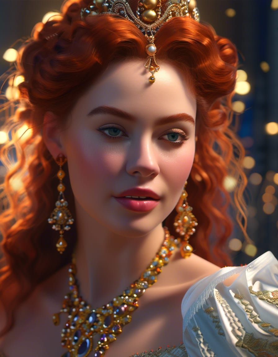Redhead in Rococo Gown, Hyper-realistic Portrait
