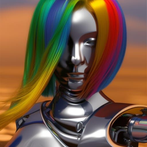 Realistic Robot Portrait with Rainbow Hair