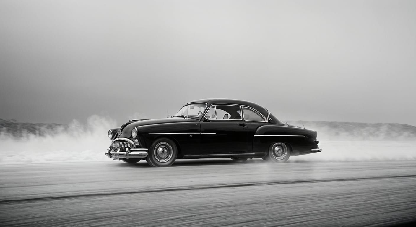 1953 Red Coupe Car at High Speed