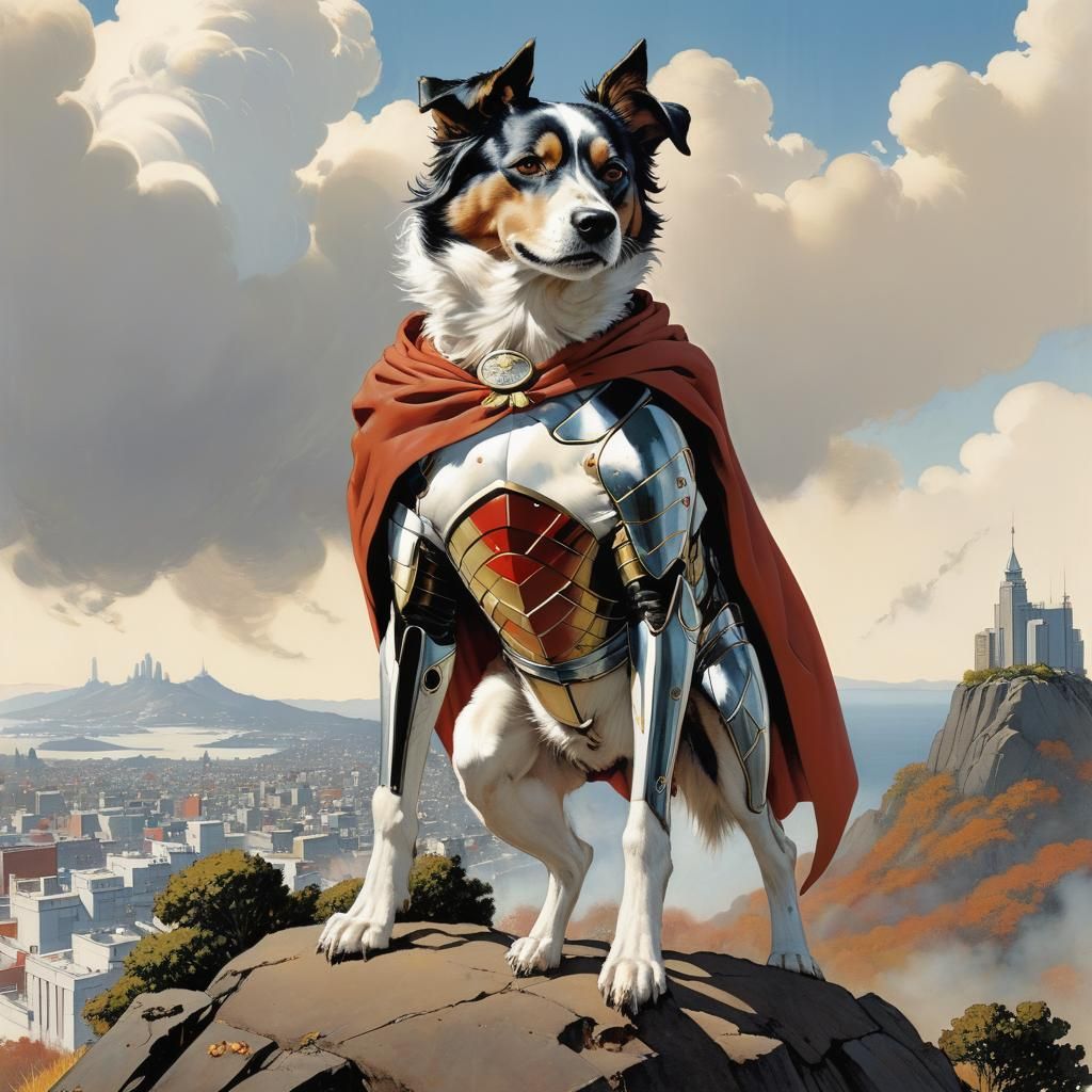 Art by Norman Rockwell and Yoshitaka Amano, loyal dog in sup...